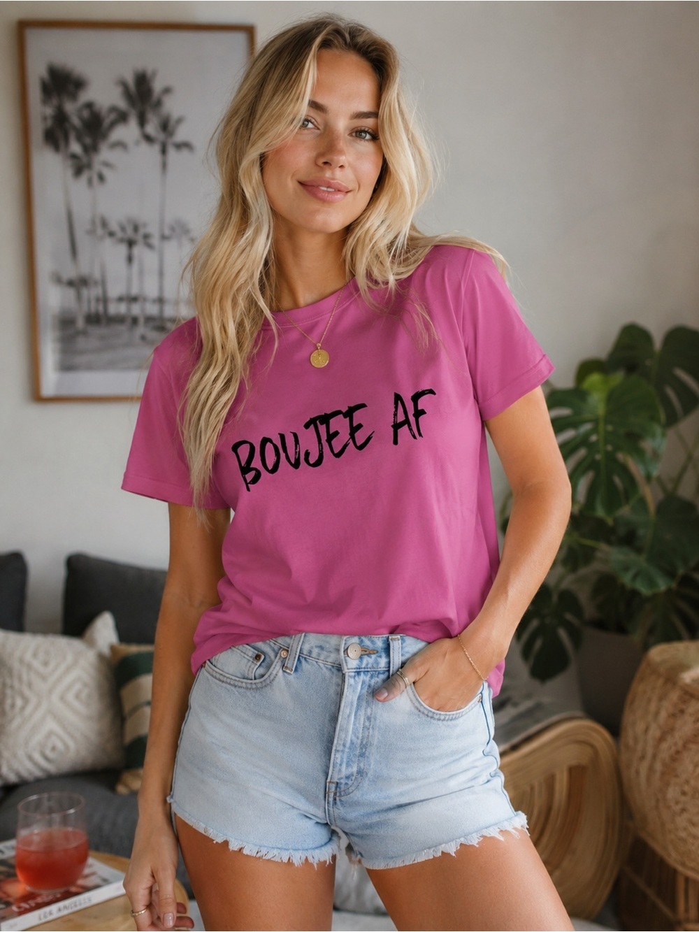 Boujee AF Pink Graphic T-shirt Funny Statement Cotton Tee Top Casual Size M
